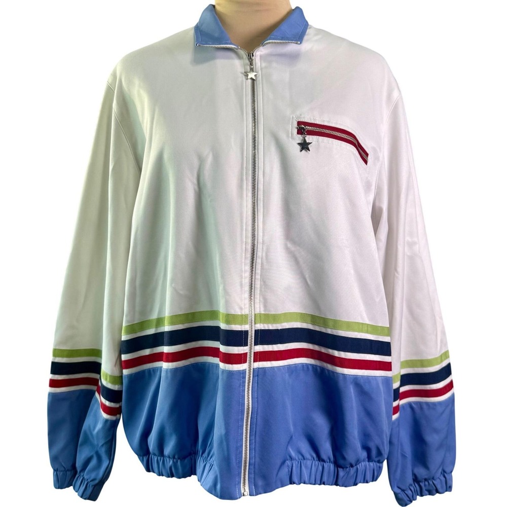 Alfred Dunner Track Jacket White Blue Stripes Retro Windbreaker Vintage Size 14